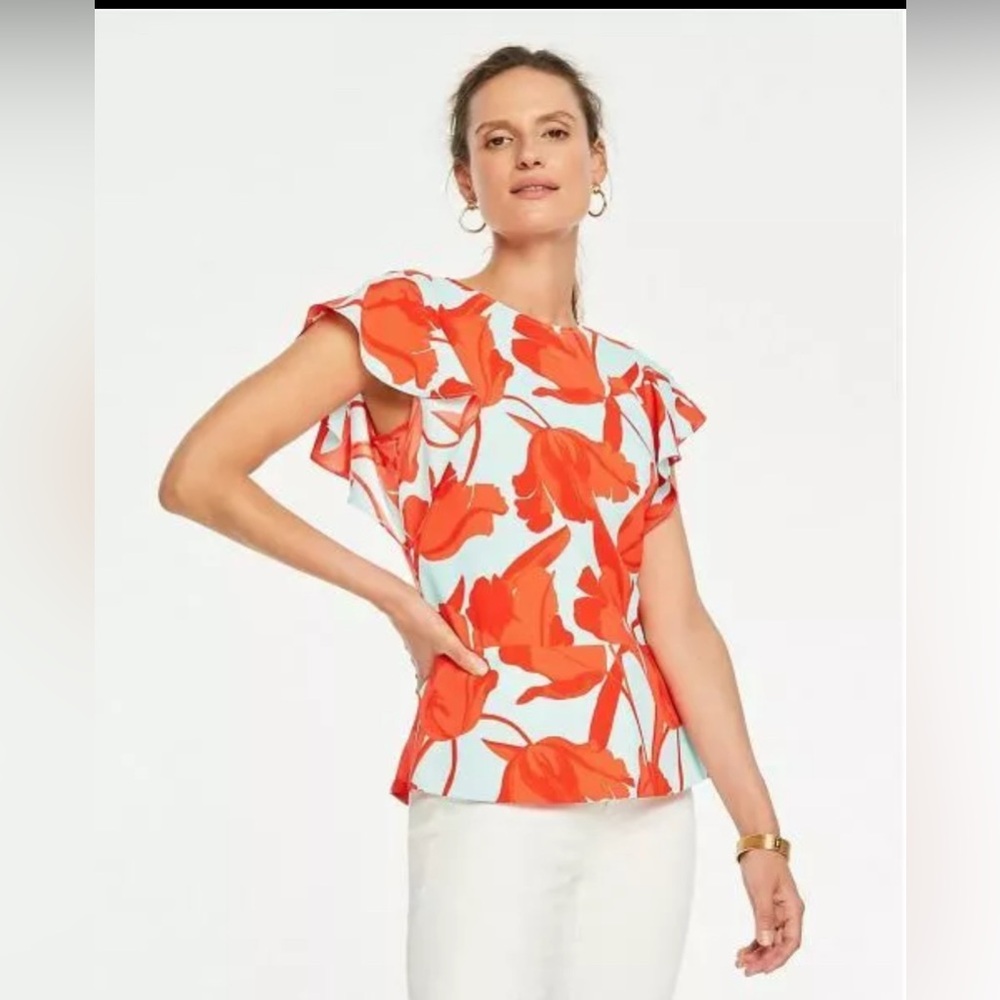 ANN TAYLOR PETITE Orange Floral Pale Blue Flutter Sleeve Peplum Blouse Top 2P